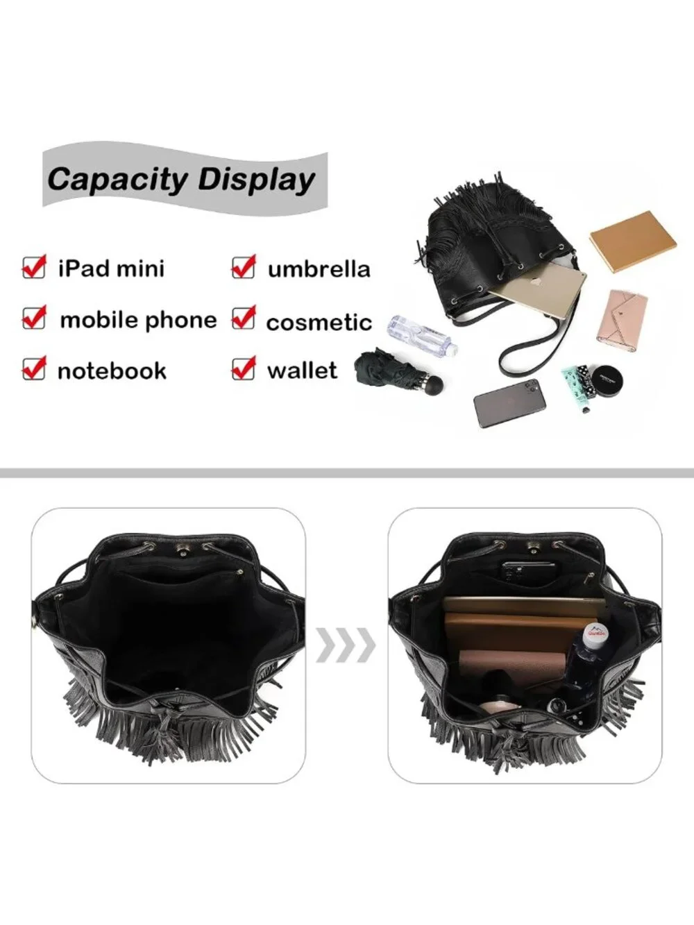 Stylish Leather Bucket Bag for Women - Crossbody Fringe Purse with Tassels
